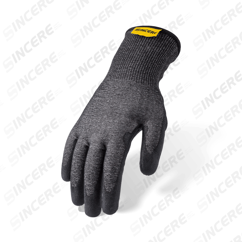 Schnittfeste Handschuhe der Stärke 18 ANSI A6 mit schwarzer PU-Handfläche und nitrilverstärktem Daumen-Schritt — feiner, starker Schnittschutz