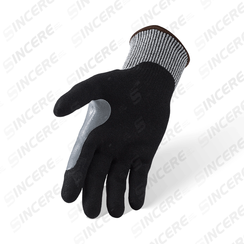 Schnittfeste Handschuhe der Stärke 13 ANSI A4 mit schwarzer Nitril-Sandhandfläche und extra langem, verstärktem Daumen-Schritt Schnittfeste Handschuhe der Stärke 13 ANSI A4 mit schwarzer Nitril-Sandhandfläche und extra langem, verstärktem Daumen-Schritt