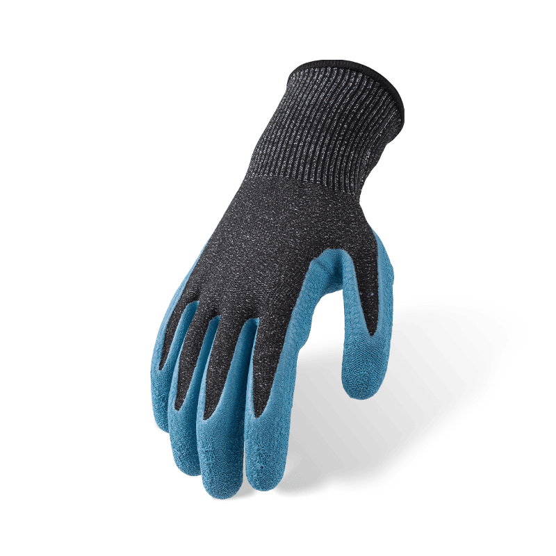 Schnittfeste Handschuhe der Stärke 13 ANSI A6 mit blauer Latex-Crinkle-Palm-Beschichtung — Abriebstufe 3, starker Schnittschutz Schnittfeste Handschuhe der Stärke 13 ANSI A6 mit blauer Latex-Crinkle-Palm-Beschichtung — Abriebstufe 3, starker Schnittschutz
