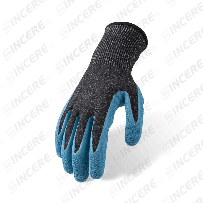 Schnittfeste Handschuhe der Stärke 13 ANSI A6 mit blauer Latex-Crinkle-Palm-Beschichtung — Abriebstufe 3, starker Schnittschutz