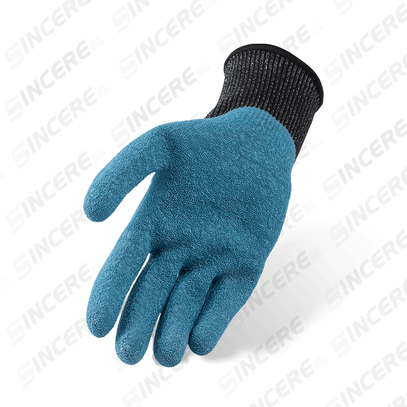 Schnittfeste Handschuhe der Stärke 13 ANSI A6 mit blauer Latex-Crinkle-Palm-Beschichtung — Abriebstufe 3, starker Schnittschutz Schnittfeste Handschuhe der Stärke 13 ANSI A6 mit blauer Latex-Crinkle-Palm-Beschichtung — Abriebstufe 3, starker Schnittschutz