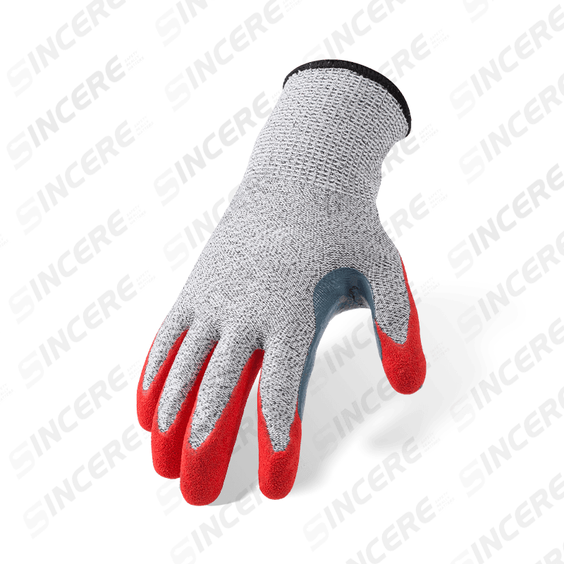 Schnittfeste Handschuhe der Stärke 13 ANSI A3 mit roter Nitril-Sandhandfläche und extra langem, verstärktem Daumen-Schritt