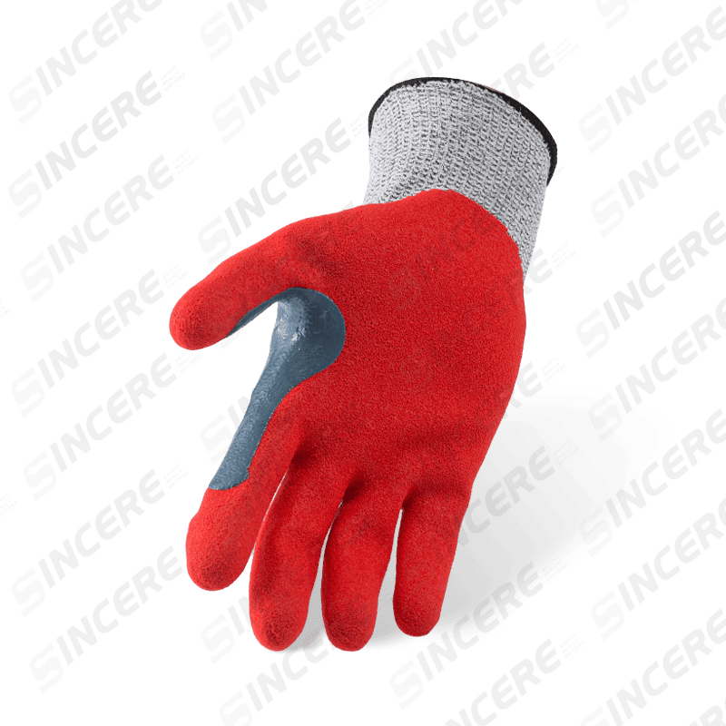 Schnittfeste Handschuhe der Stärke 13 ANSI A3 mit roter Nitril-Sandhandfläche und extra langem, verstärktem Daumen-Schritt Schnittfeste Handschuhe der Stärke 13 ANSI A3 mit roter Nitril-Sandhandfläche und extra langem, verstärktem Daumen-Schritt
