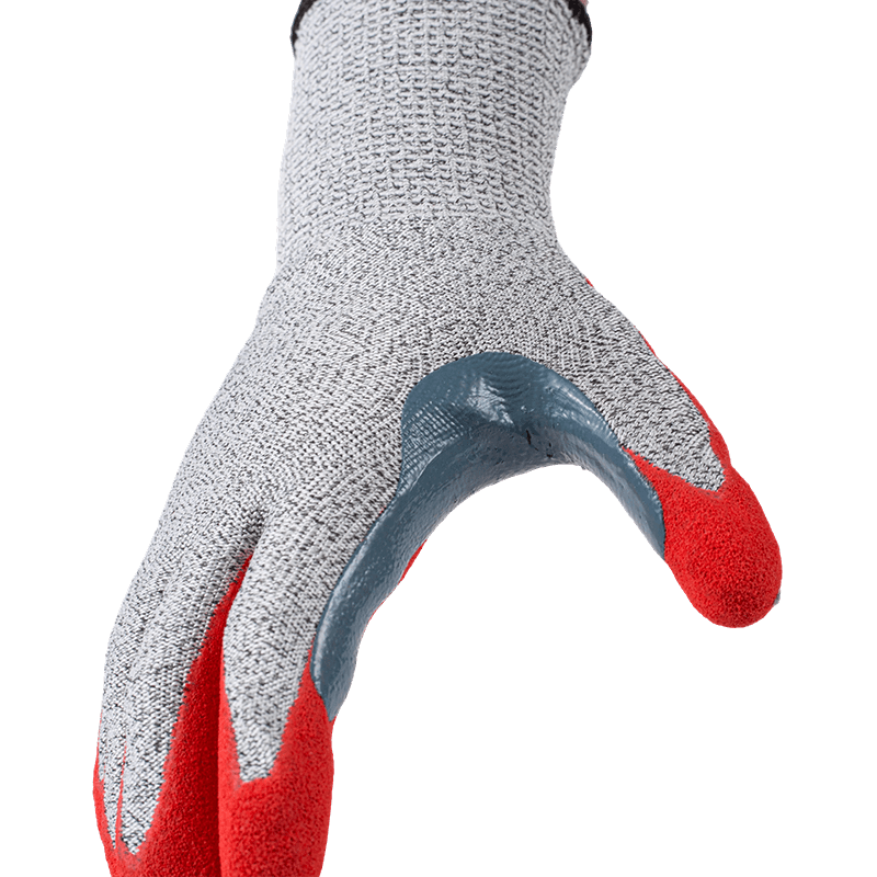Schnittfeste Handschuhe der Stärke 13 ANSI A3 mit roter Nitril-Sandhandfläche und extra langem, verstärktem Daumen-Schritt Schnittfeste Handschuhe der Stärke 13 ANSI A3 mit roter Nitril-Sandhandfläche und extra langem, verstärktem Daumen-Schritt