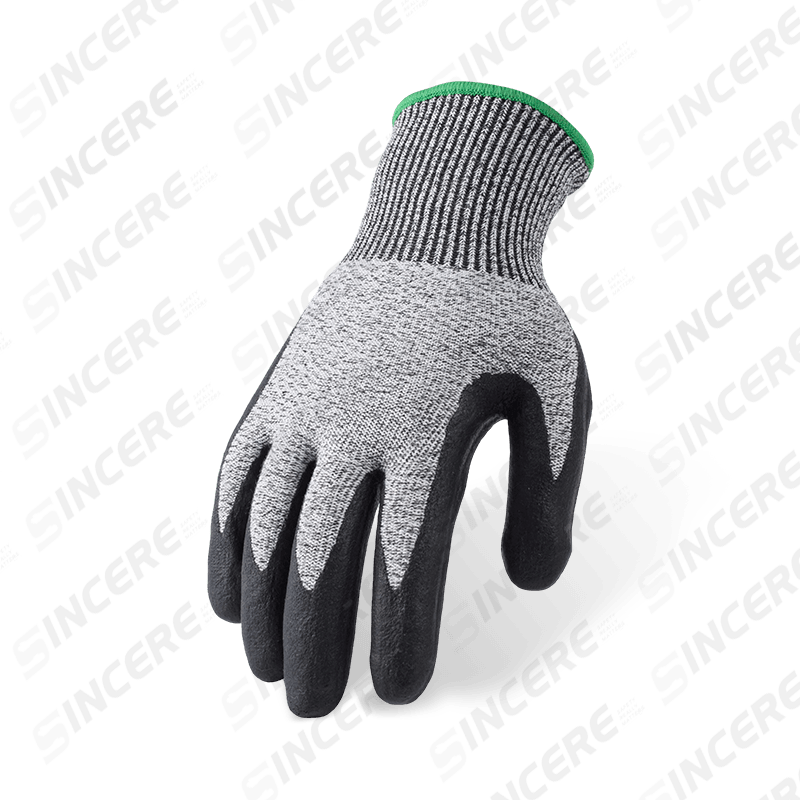 Schnittfeste Handschuhe der Stärke 13 ANSI A4 mit schwarzer Nitril-Mikroschaum-Handfläche und Waffelgitterstruktur — verbesserter Griff