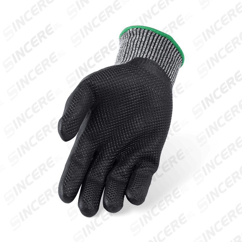 Schnittfeste Handschuhe der Stärke 13 ANSI A4 mit schwarzer Nitril-Mikroschaum-Handfläche und Waffelgitterstruktur — verbesserter Griff Schnittfeste Handschuhe der Stärke 13 ANSI A4 mit schwarzer Nitril-Mikroschaum-Handfläche und Waffelgitterstruktur — verbesserter Griff