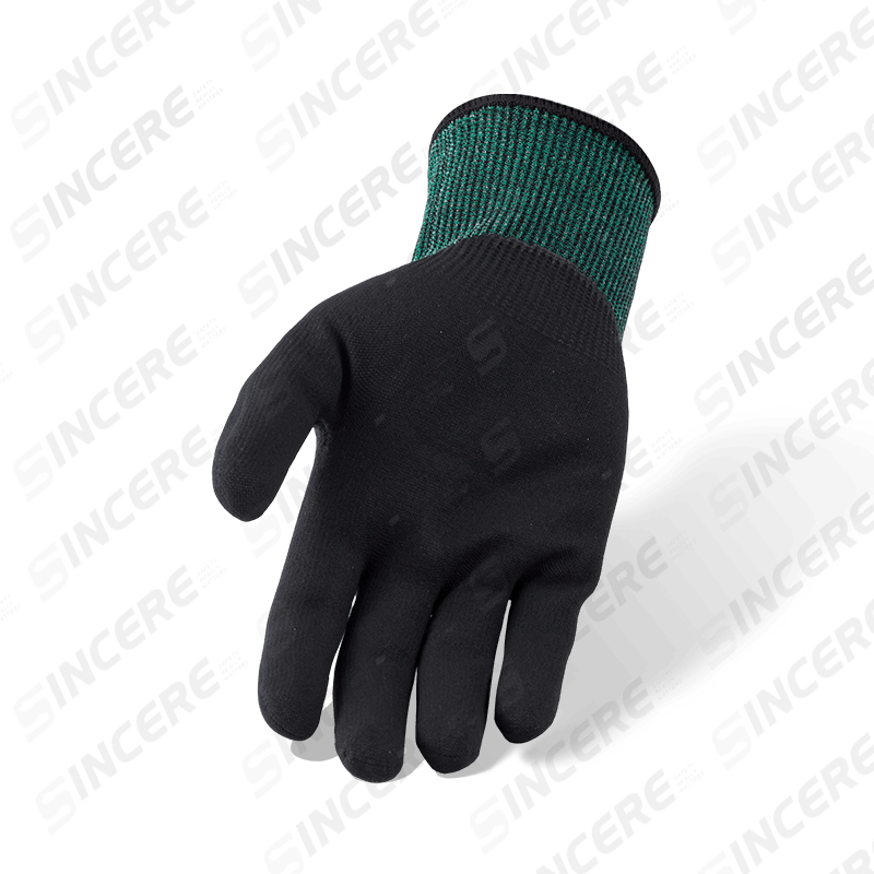 Schnittfeste Handschuhe der Stärke 18 ANSI A4 mit schwarzer, wassergewaschener Nitril-Mikroschaum-Handfläche — ultraweicher Feinmessungsschutz Schnittfeste Handschuhe der Stärke 18 ANSI A4 mit schwarzer, wassergewaschener Nitril-Mikroschaum-Handfläche — ultraweicher Feinmessungsschutz