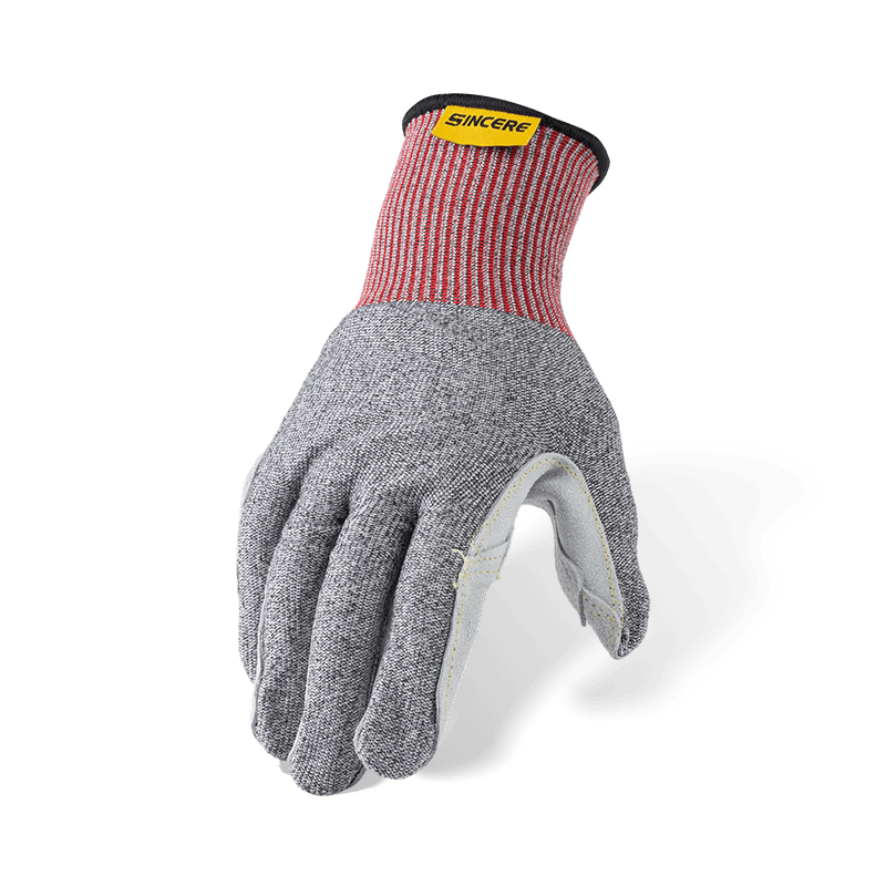 Schnittfeste Handschuhe der Stärke 13 ANSI A6 mit Lederhandfläche (Vollkorn/Split) und verstärktem Daumen-Schritt — robuster Schnittschutz aus Leder