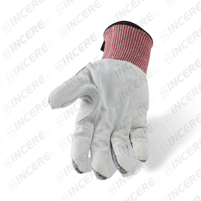 Schnittfeste Handschuhe der Stärke 13 ANSI A6 mit Lederhandfläche (Vollkorn/Split) und verstärktem Daumen-Schritt — robuster Schnittschutz aus Leder