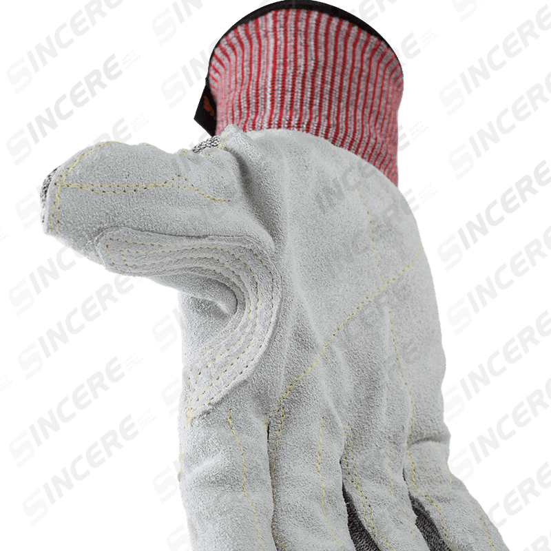 Schnittfeste Handschuhe der Stärke 13 ANSI A6 mit Lederhandfläche (Vollkorn/Split) und verstärktem Daumen-Schritt — robuster Schnittschutz aus Leder
