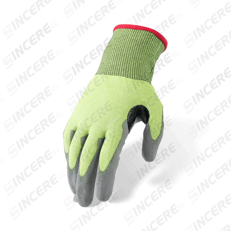 Schnittfeste Handschuhe der Stärke 18 ANSI A4 mit grauer PU-Handfläche und verstärktem Daumen-Schritt — Feinspuriger Präzisions-Schnittschutz