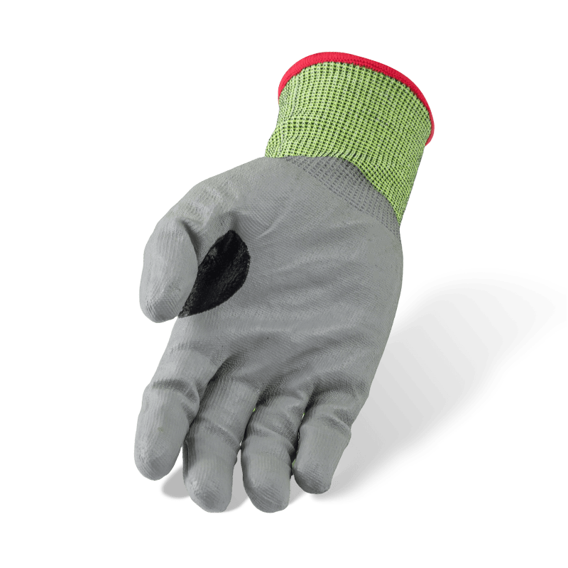 Schnittfeste Handschuhe der Stärke 18 ANSI A4 mit grauer PU-Handfläche und verstärktem Daumen-Schritt — Feinspuriger Präzisions-Schnittschutz