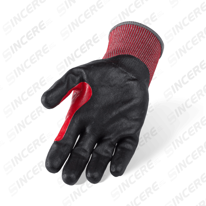 Schnittfeste Handschuhe der Stärke 18 ANSI A5 mit schwarzer Handfläche aus Nitril-Mikroschaum und rotem, verlängertem, verstärktem Daumen-Schritt Schnittfeste Handschuhe der Stärke 18 ANSI A5 mit schwarzer Handfläche aus Nitril-Mikroschaum und rotem, verlängertem, verstärktem Daumen-Schritt