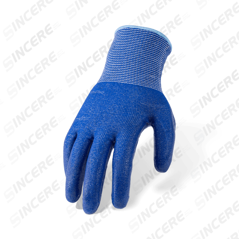 13 Gauge blaue ANSI A4 Schnittfeste Handschuhe mit klarer Silikon-Handflächenbeschichtung — Hitzebeständiger mittelhoher Schnittschutz
