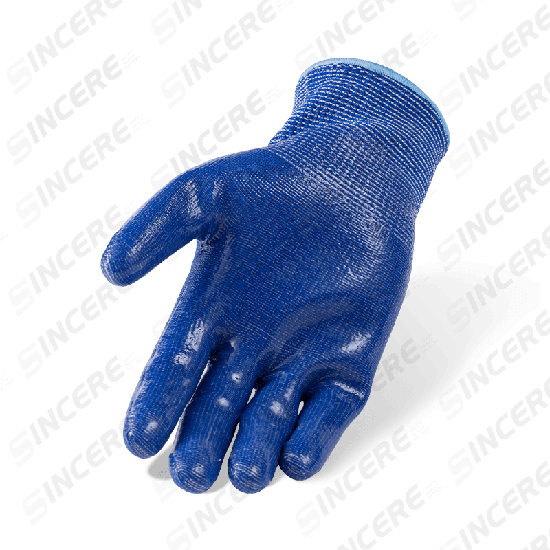 13 Gauge blaue ANSI A4 Schnittfeste Handschuhe mit klarer Silikon-Handflächenbeschichtung — Hitzebeständiger mittelhoher Schnittschutz