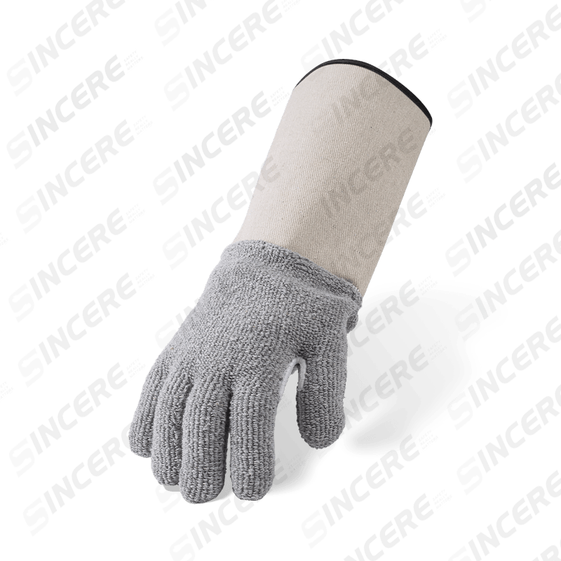 Hitzebeständige Handschuhe aus grauem Baumwollfrottee mit Neoprenmanschette — Industrieller Wärmeschutz